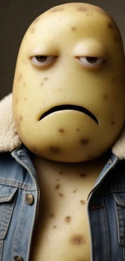 Humorous potato character in denim jacket, cartoon style.
