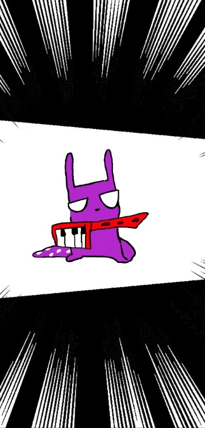 Mobile wallpaper of a purple creature playing a red accordion with a comic style.