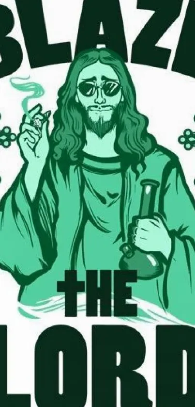 Humorous illustration of a religious figure with modern elements.