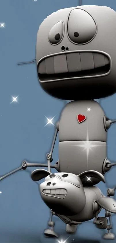 Quirky robot and dog mobile wallpaper with a starry blue background.