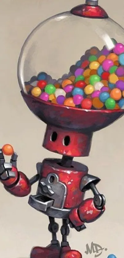 Quirky robot gumball machine wallpaper on beige background.