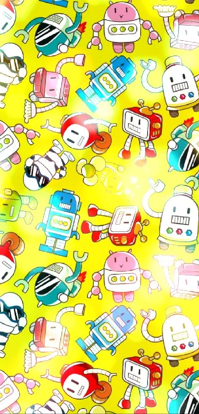 Colorful robot pattern on a yellow background, perfect for mobile wallpaper.