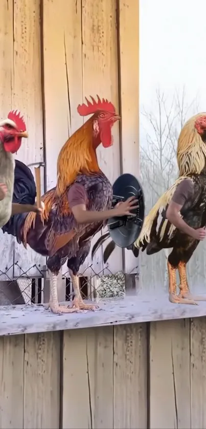 Three roosters with human arms on a rustic porch in winter.