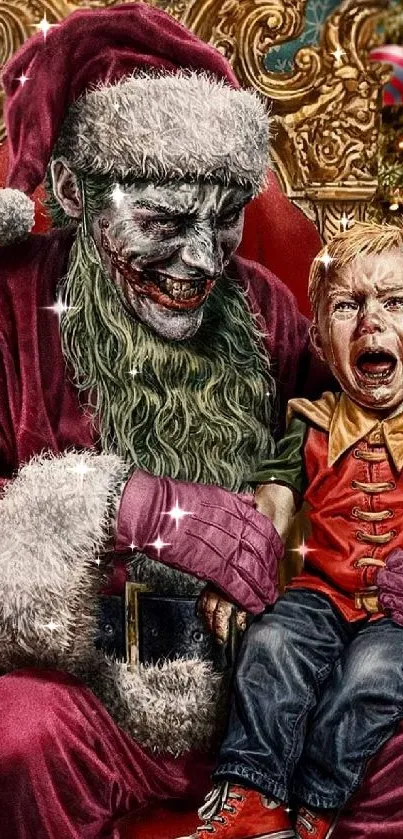 Santa with joker-style makeup and a crying child with superhero toy.