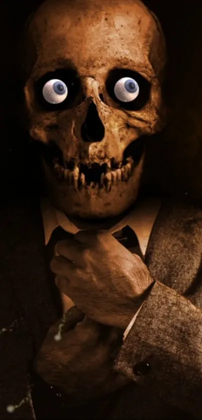 Skeleton in a suit with large cartoon eyes, mobile wallpaper.