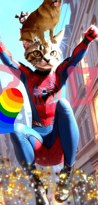 Cat superhero with dogs and rainbow in street art design.