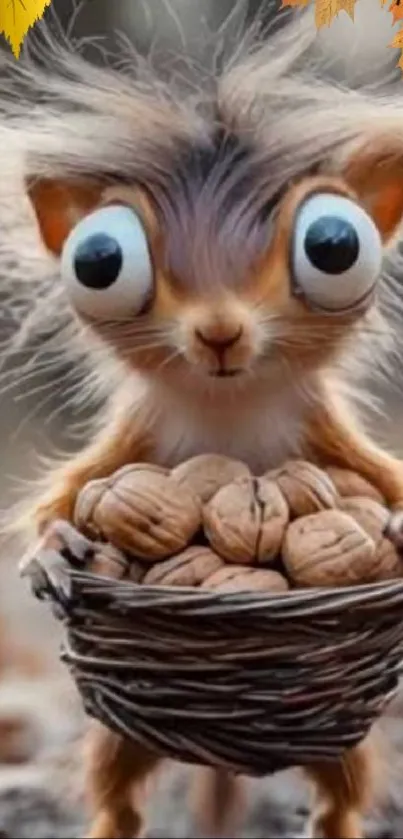 Cartoon squirrel with big eyes holding nuts in autumn setting.
