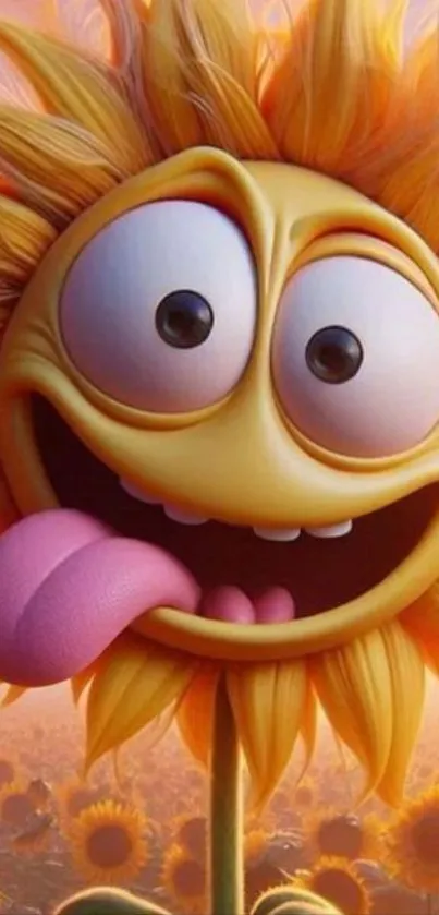 Cartoon sunflower with a playful face in a vibrant, sunny background.