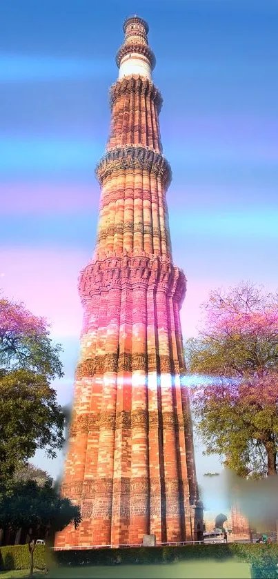 Vibrant and scenic Qutub Minar mobile wallpaper featuring colorful hues and greenery.