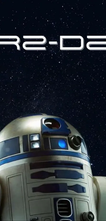 R2-D2 against a starry galaxy backdrop on mobile wallpaper.