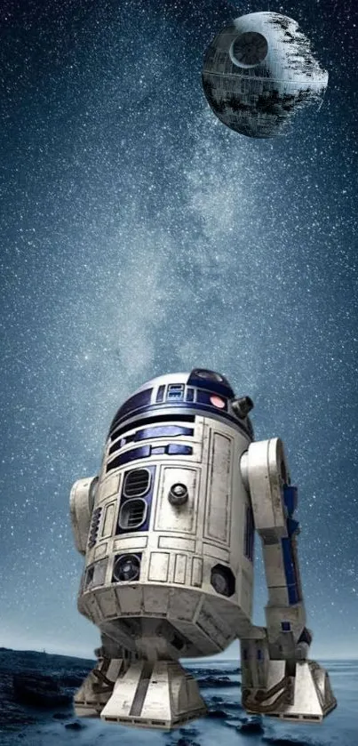 R2D2 stands beneath a star-filled sky and a looming Death Star.