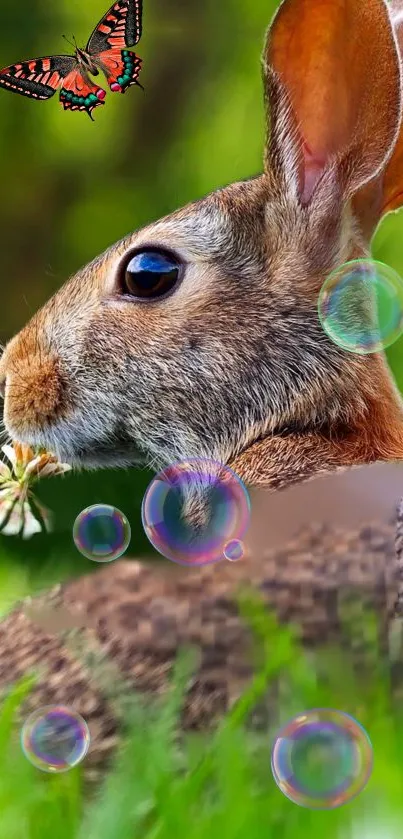 Rabbit with butterfly and bubbles on a green background.