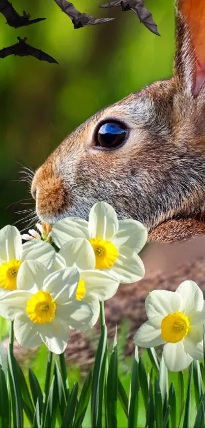 Rabbit with daffodils in green background, perfect for nature enthusiasts.