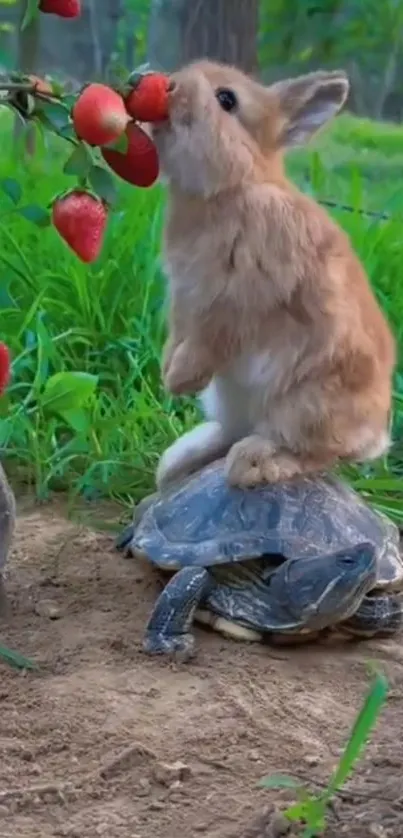 Rabbit on turtle reaching for strawberries wallpaper.