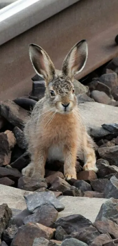 Curious rabbit sitting on rocky railway path.