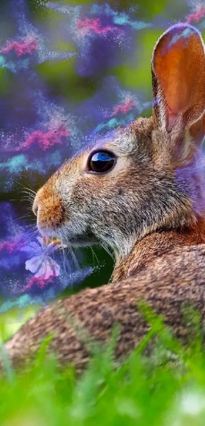 Rabbit in lush green grass with a cosmic background overlay.