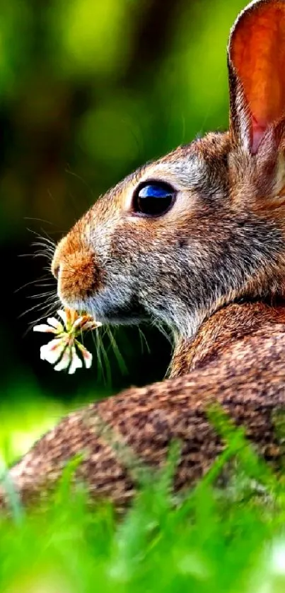 A cute rabbit in a lush green meadow with a flower.