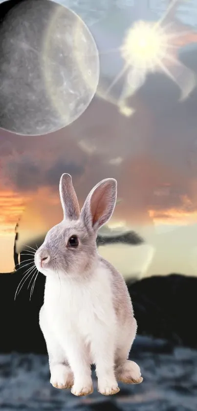 Rabbit with moon and sun in surreal landscape wallpaper.