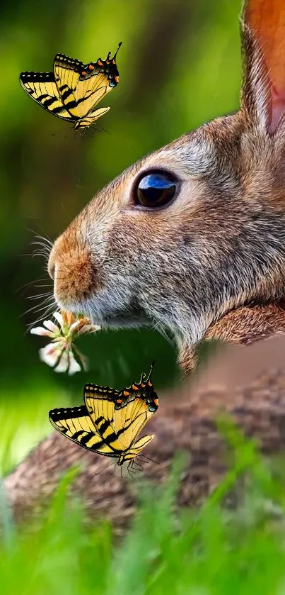 A close-up of a rabbit with butterflies in a lush green setting.