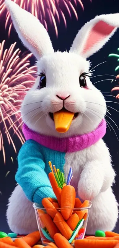 White rabbit with carrots and fireworks background.