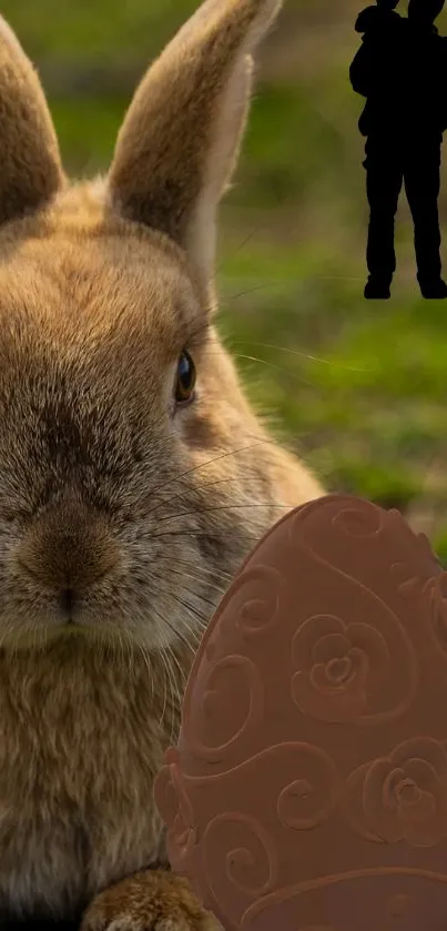 Bunny and chocolate egg on green field wallpaper.