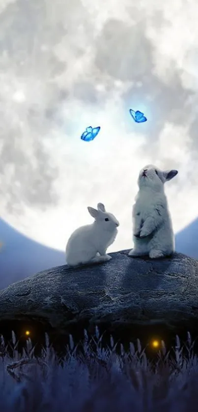 Rabbits sitting on a rock under moonlight with butterflies.