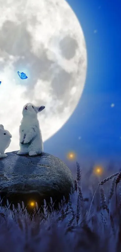 Rabbits and butterflies under a full moon.