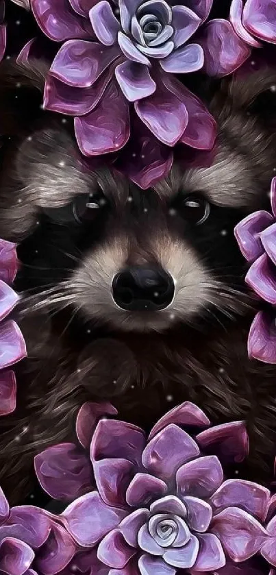 Raccoon hiding among purple succulents in artistic wallpaper.