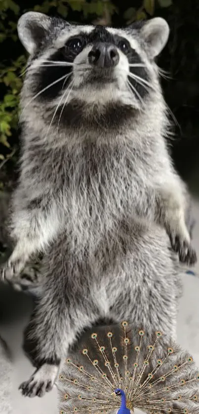 Raccoon standing with a vibrant peacock display.