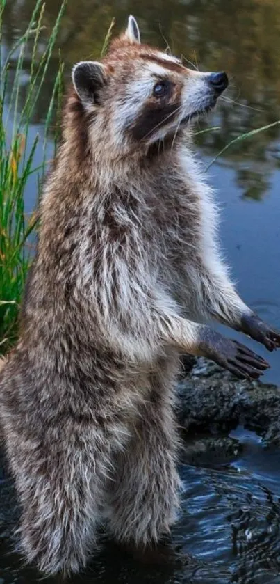 Raccoon stands by a calm water edge with green plants.