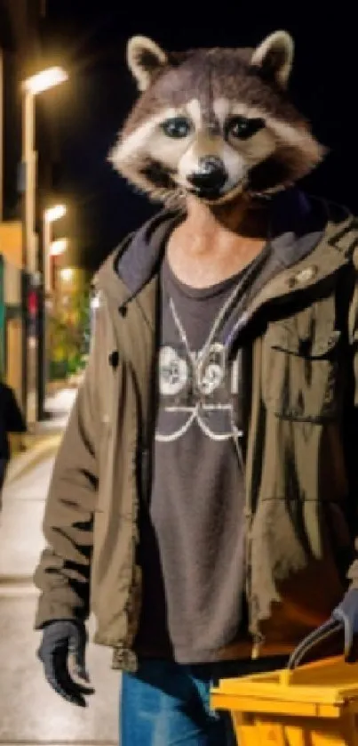 Raccoon-headed person in urban night setting.