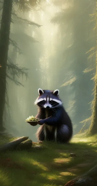 Raccoon in a sunlit forest holding a dish.