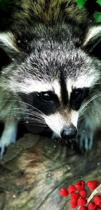 Raccoon peeking through green leaves with raspberries on a log.