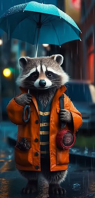 Cute raccoon with umbrella on rainy street, wearing orange coat.