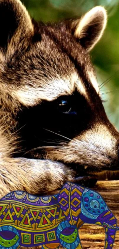 Close-up of raccoon with colorful elephant design.