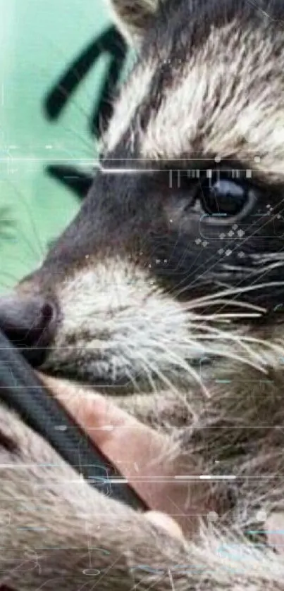 A raccoon curiously holding and looking at a smartphone.