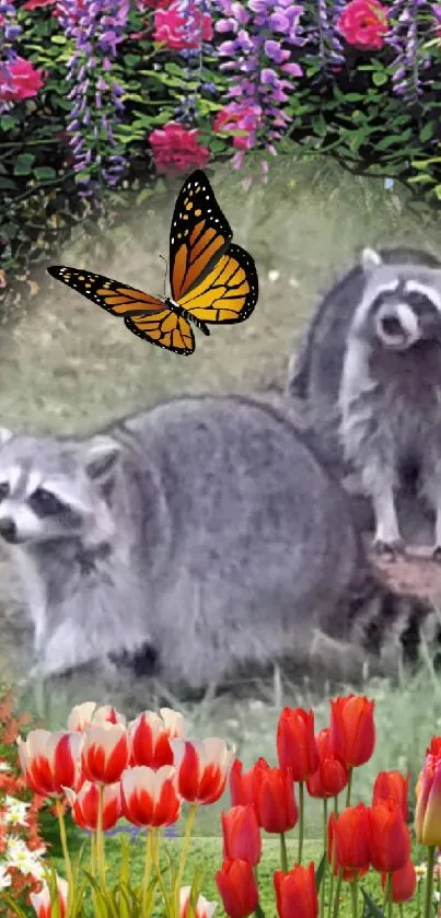 Raccoons in a floral garden with vibrant blooms and a butterfly.