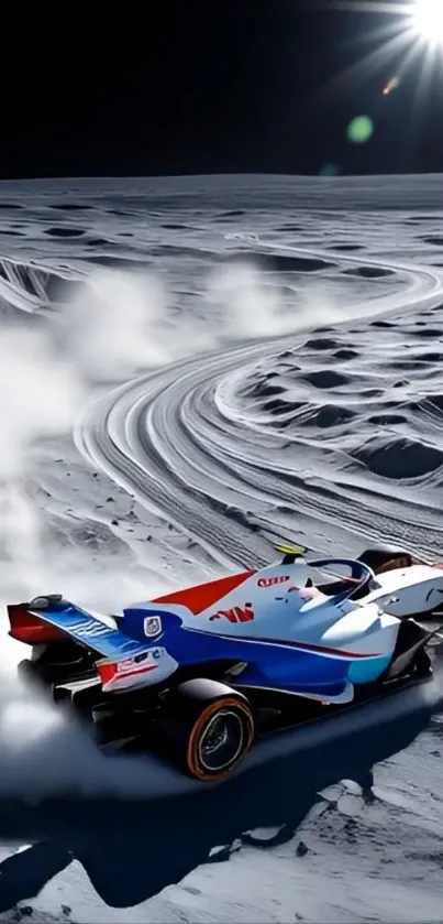 Race car speeds across moon's surface under bright sun.