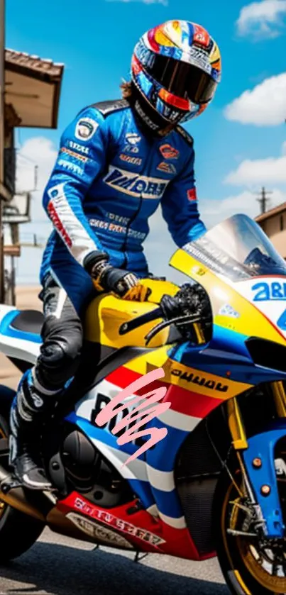 Racer in blue and yellow on a motorcycle, urban backdrop.