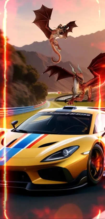 A racing car with dragons in a fiery, vibrant fantasy scene.