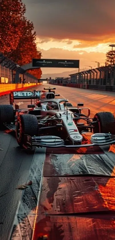 Formula 1 car on a race track at sunset with vibrant colors.