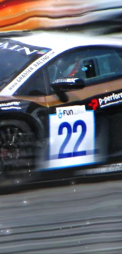 Blurred racing car in motion on track wallpaper.