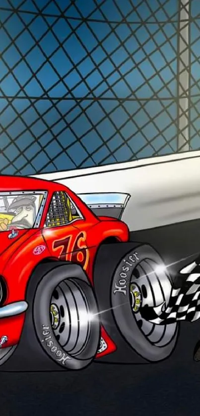 Cartoon racing car on a track with dynamic visuals.