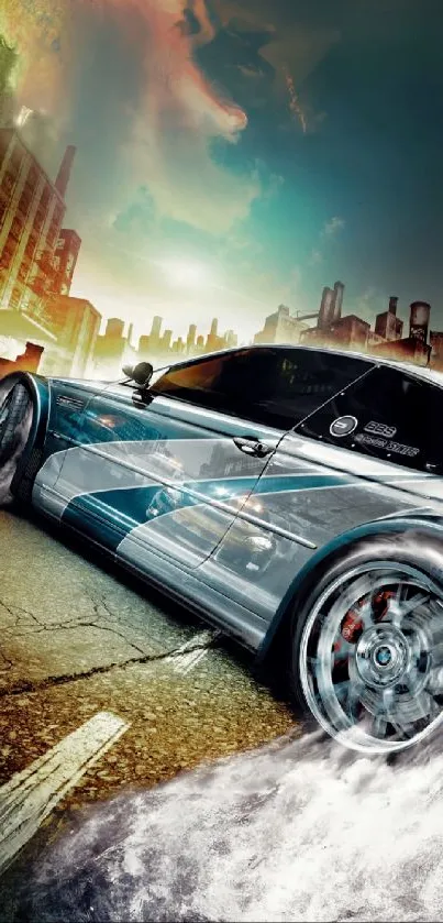 Racing car speeding through futuristic cityscape on a stylish mobile wallpaper.