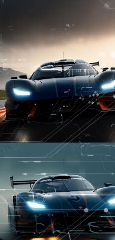 Dynamic racing car under stormy skies wallpaper.