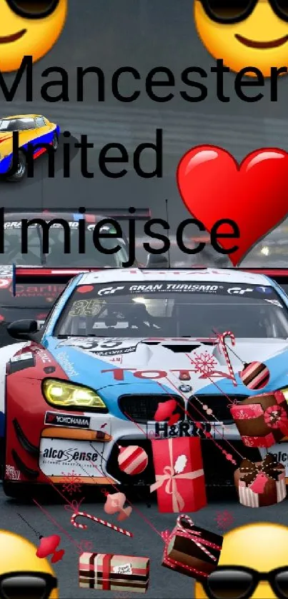 Racing cars on track with emoji accents, dynamic mobile wallpaper.