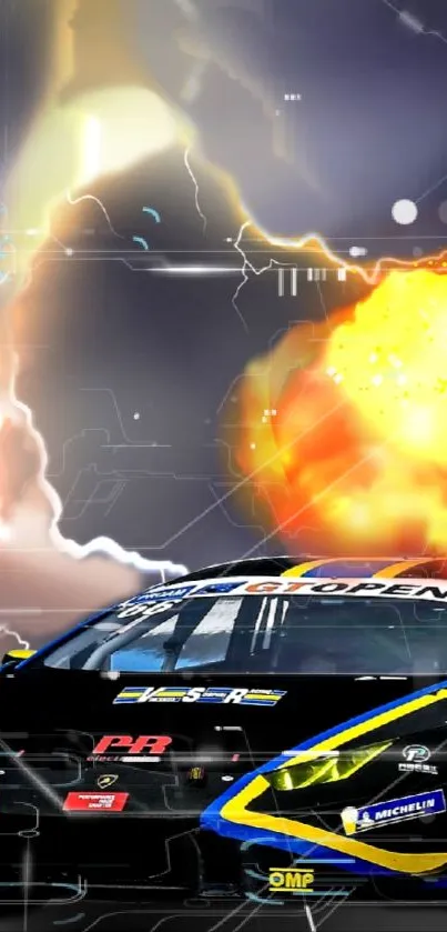 Explosive racing car in fiery scene wallpaper with bright yellow highlights.