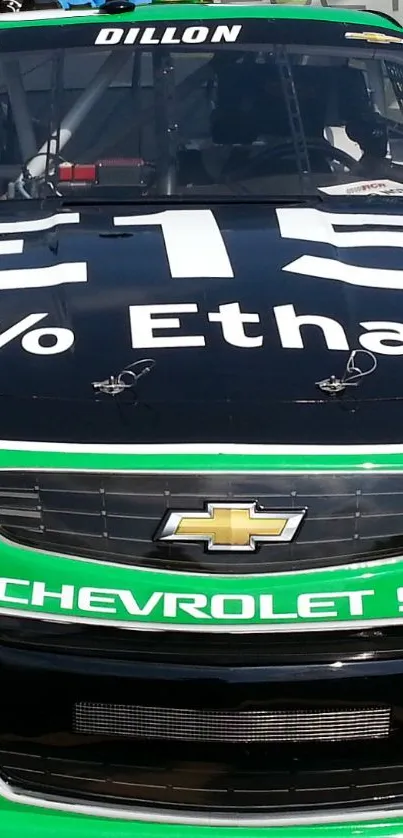 Front view of a green and black Chevrolet SS racing car.