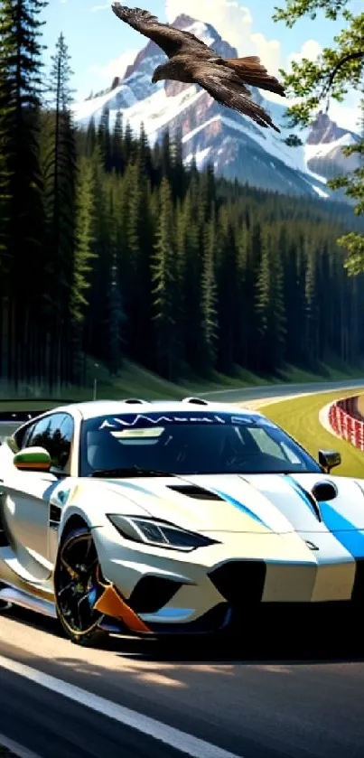 Racing car on a mountain road with an eagle flying above.