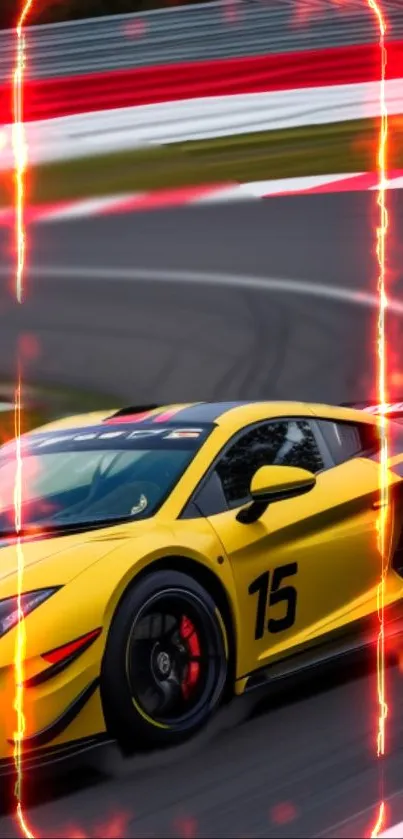 Yellow racing car with flames on track wallpaper.